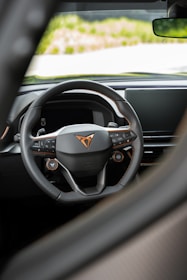 A detailed view of a car's steering wheel with a modern, sleek design. The steering wheel features multiple control buttons and a prominent logo at the center. The background shows part of the car's dashboard and a glimpse of the outside.