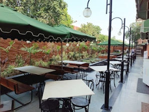 Outdoor seating area with ambient lighting and greenery at Aluvipub