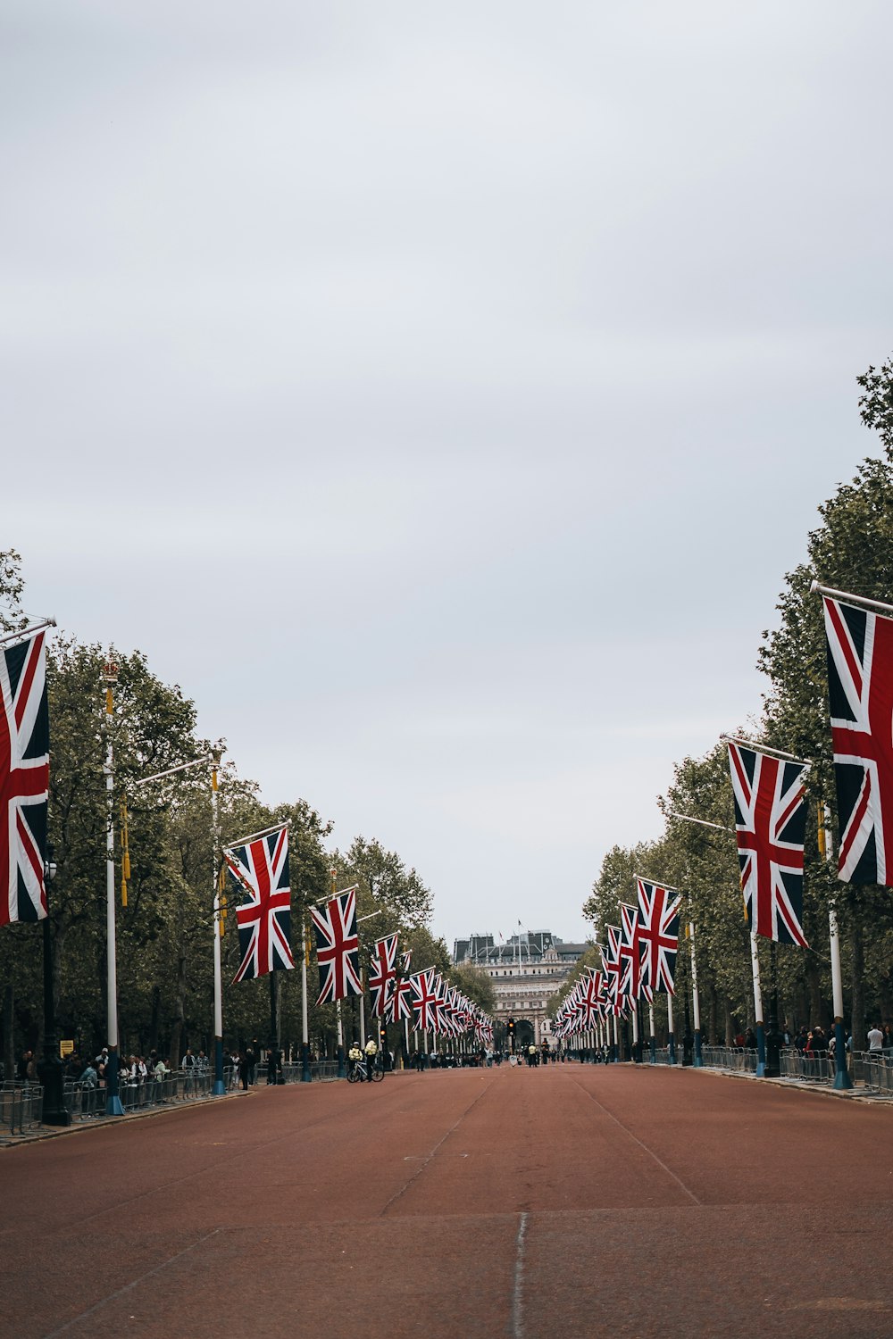 a street lined with lots of british flags