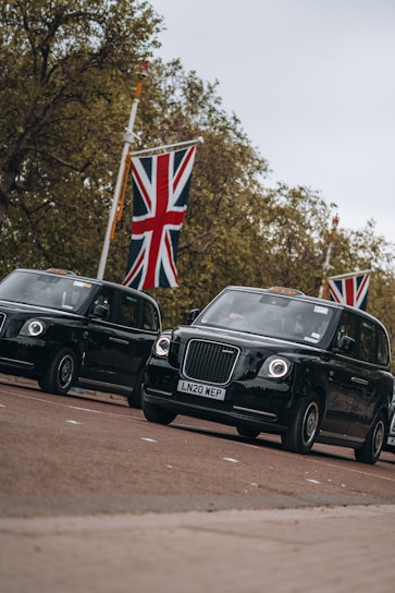 Two black taxi cabs are driving on a street lined with Union Jack flags, surrounded by trees. The vehicles have distinct designs typical of London taxis, with their front grilles prominently visible.