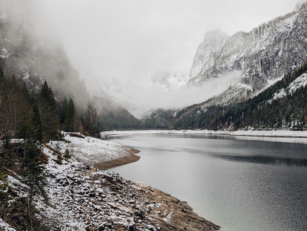 a lake surrounded by mountains covered in snow