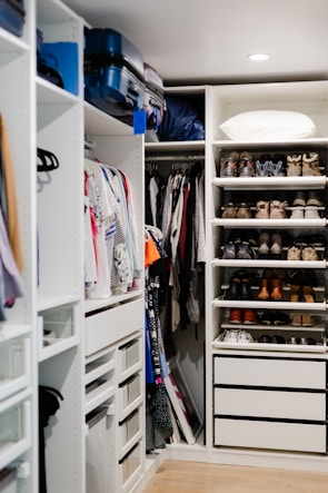 A well-organized small space with functional storage solutions.