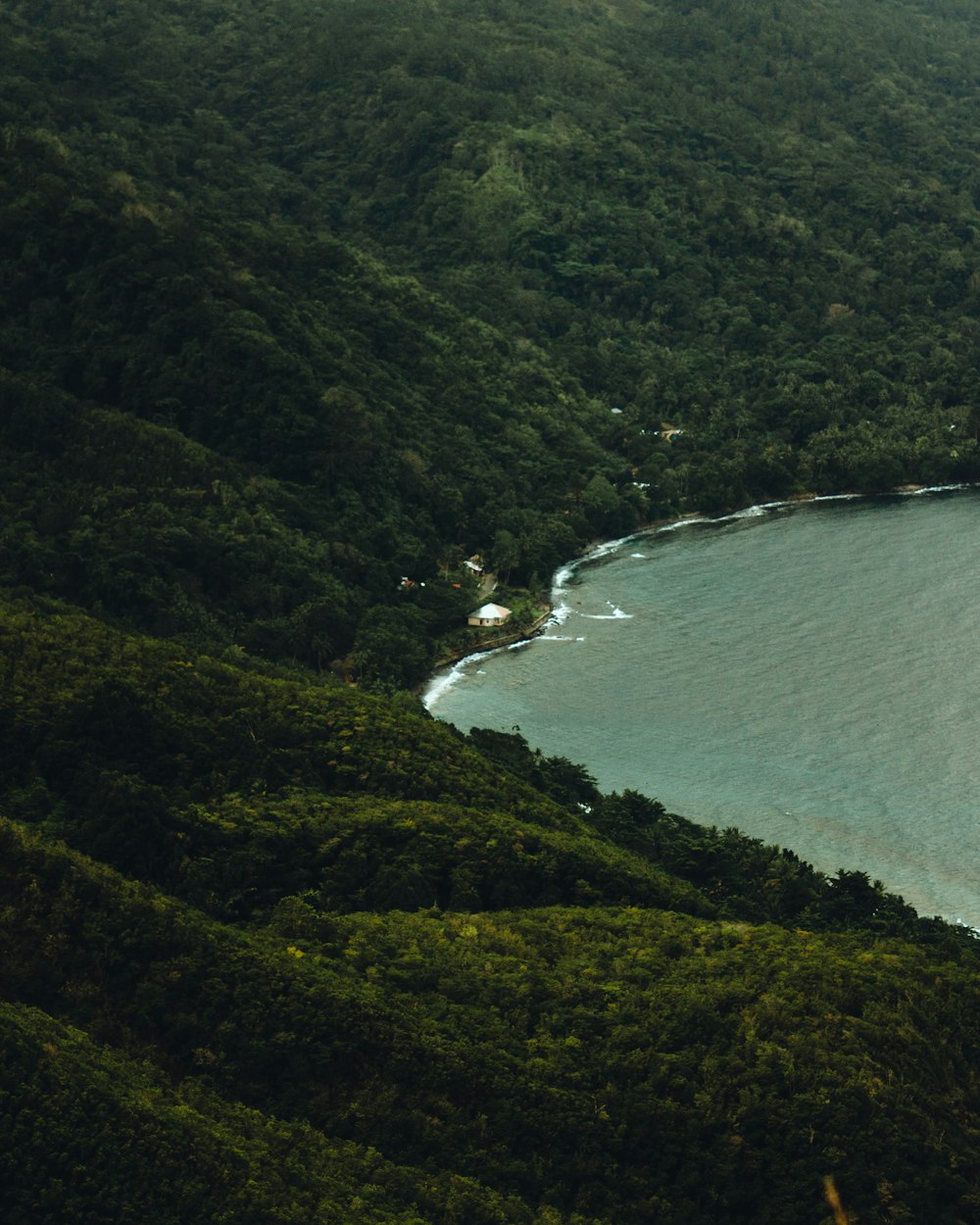 a large body of water surrounded by lush green hills