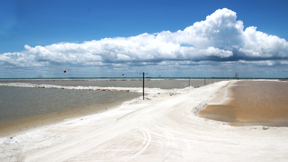 a dirt road that is next to a body of water