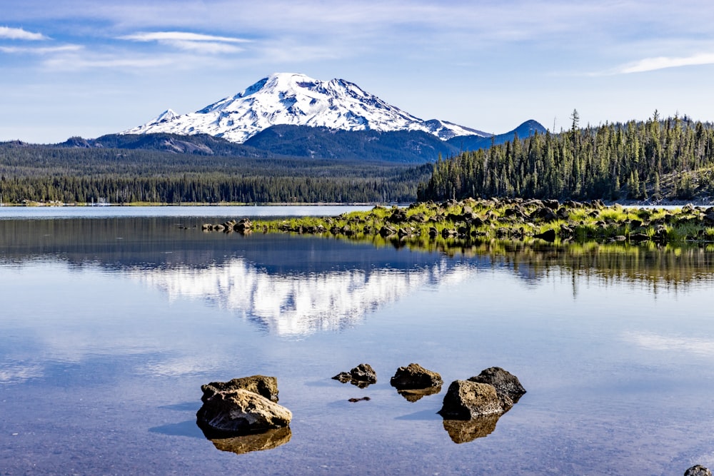 a mountain is in the distance with a lake in the foreground