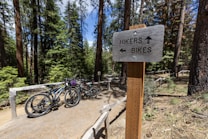 A wooden signpost in a forest points the direction for hikers and bikes. Two mountain bikes are leaning against a wooden railing along a dirt path surrounded by tall trees. Sunlight filters through the dense foliage, creating a serene atmosphere.
