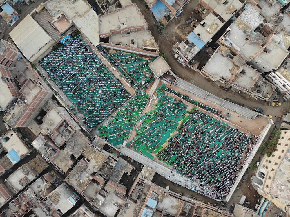 an aerial view of a city with lots of buildings