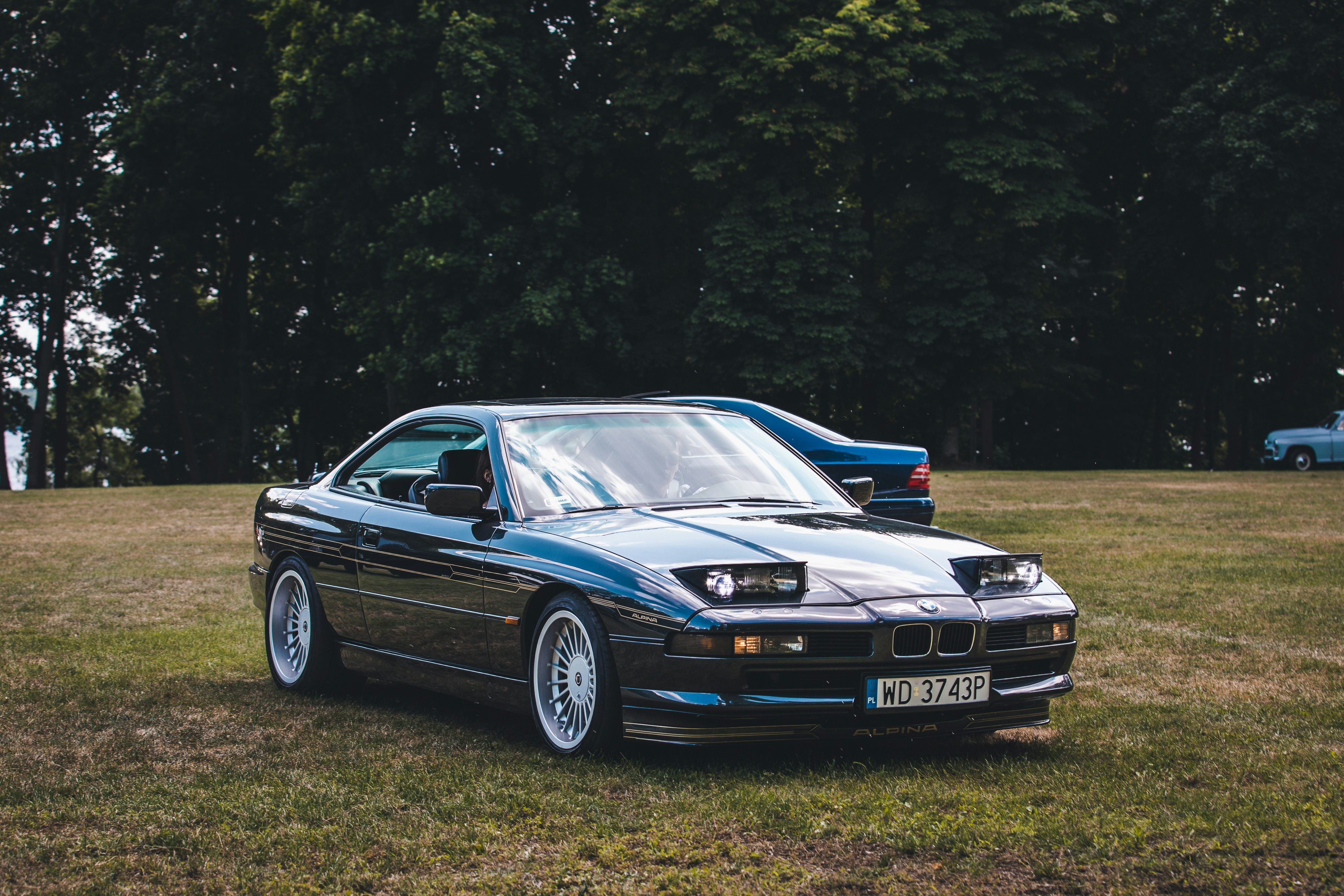 a black car parked on top of a lush green field