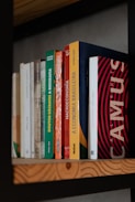 a row of books sitting on top of a wooden shelf