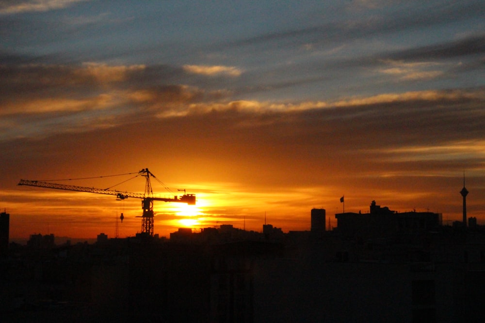 Una grulla se recorta contra una puesta de sol en una ciudad