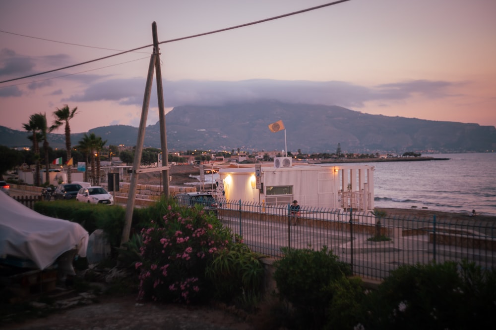 a view of a body of water with a mountain in the background