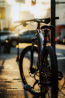 A sleek city bike parked beside a cobblestone street in Düsseldorf on a sunny afternoon.