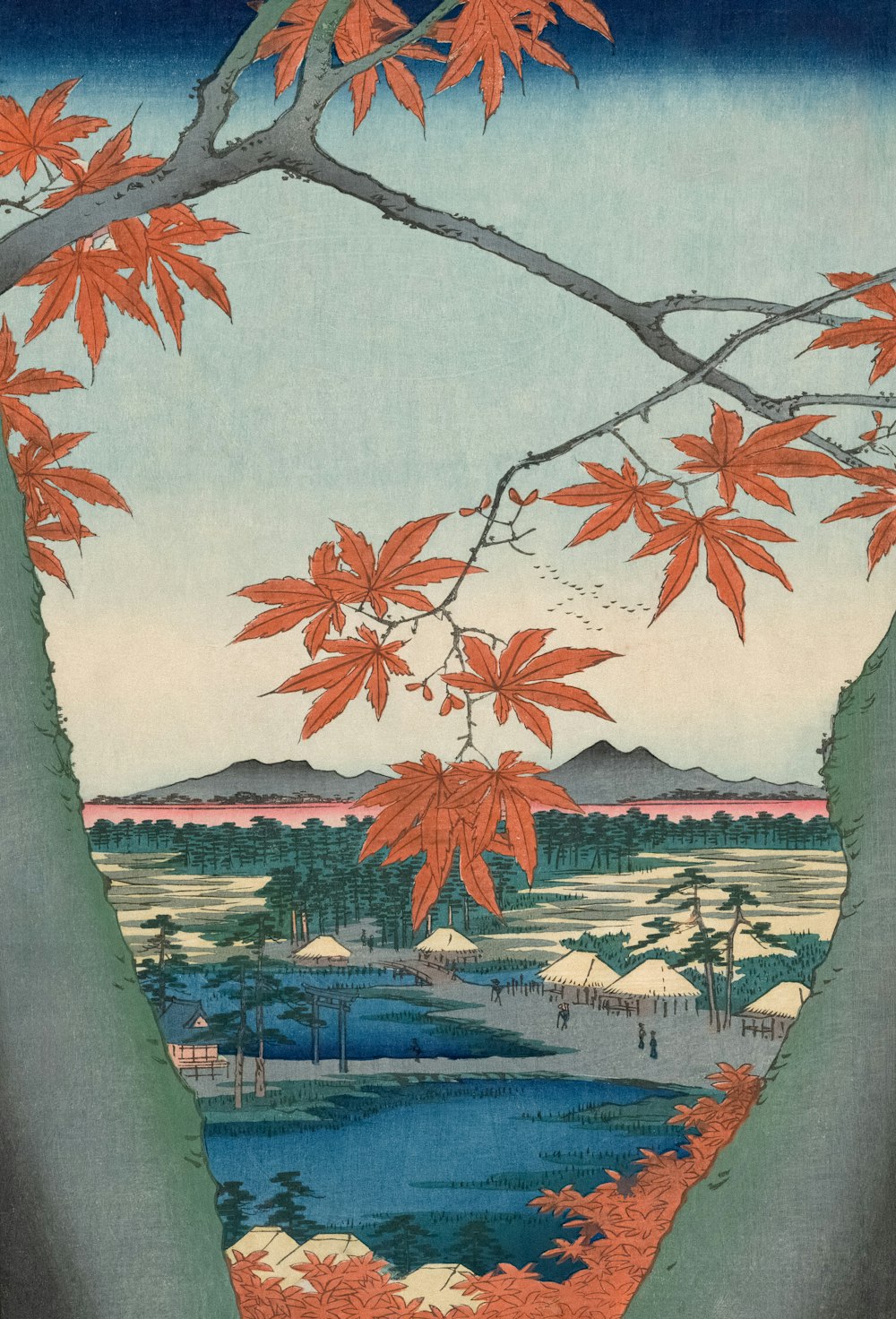 a painting of a tree with red leaves
