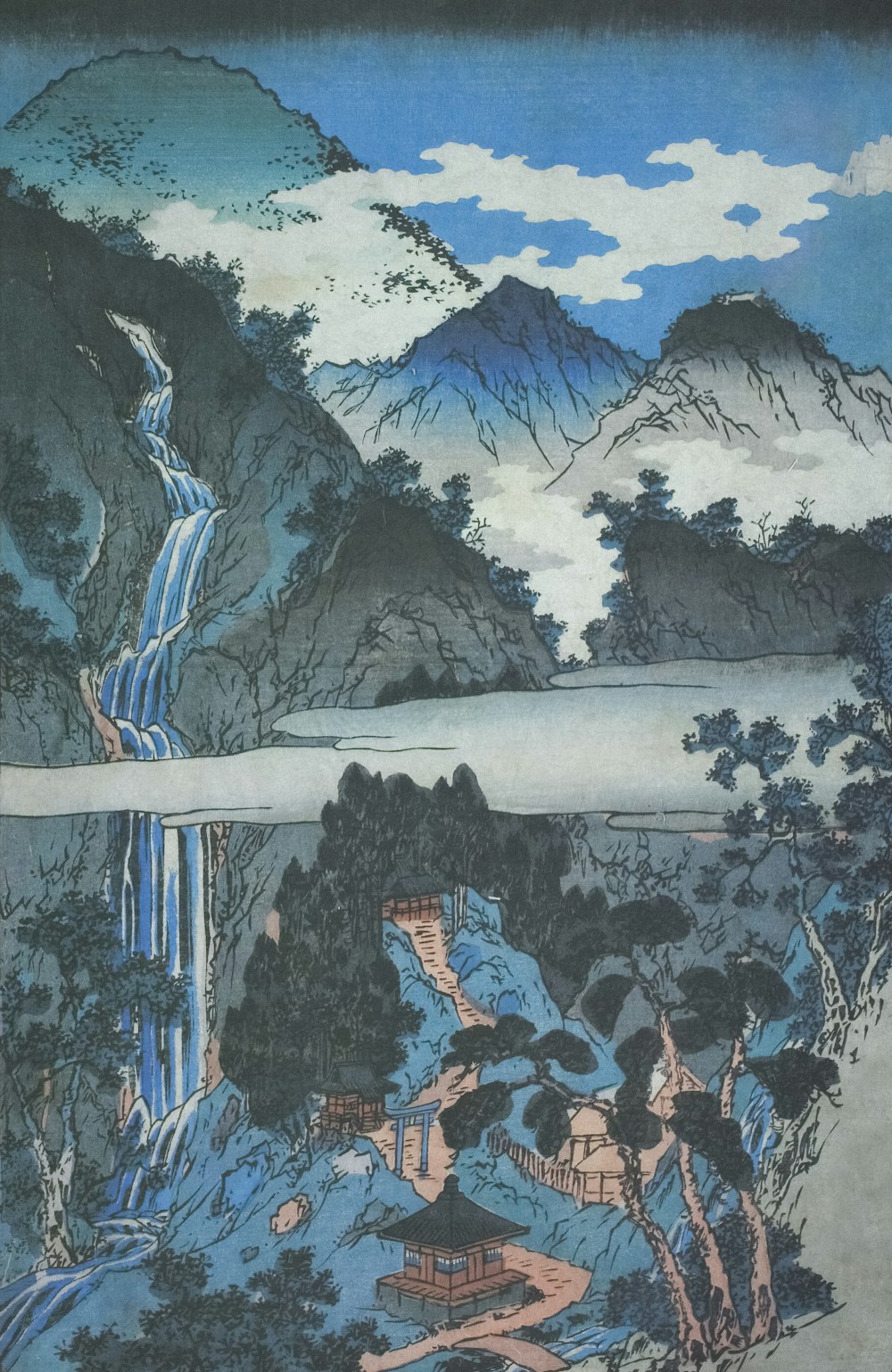 a painting of a waterfall surrounded by mountains
