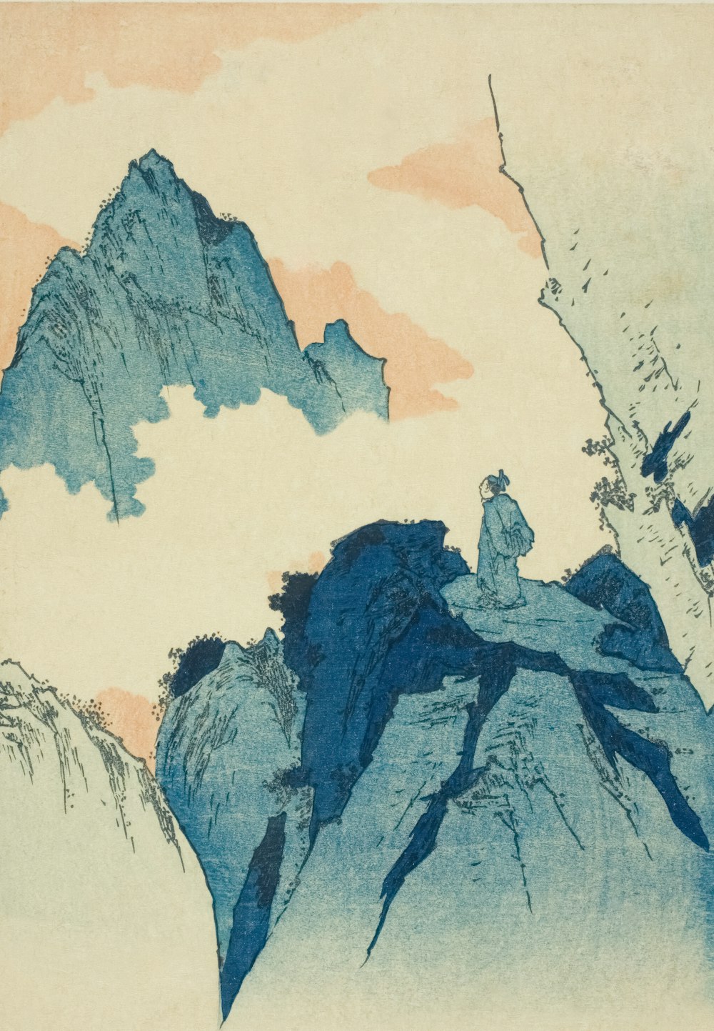 a painting of a mountain with a sky background