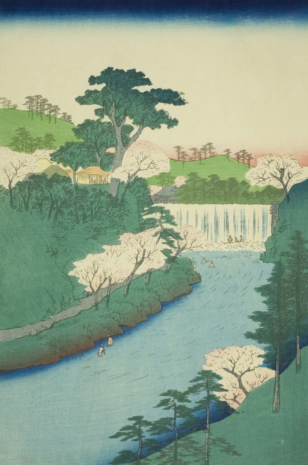 a painting of a river and trees with a waterfall in the background