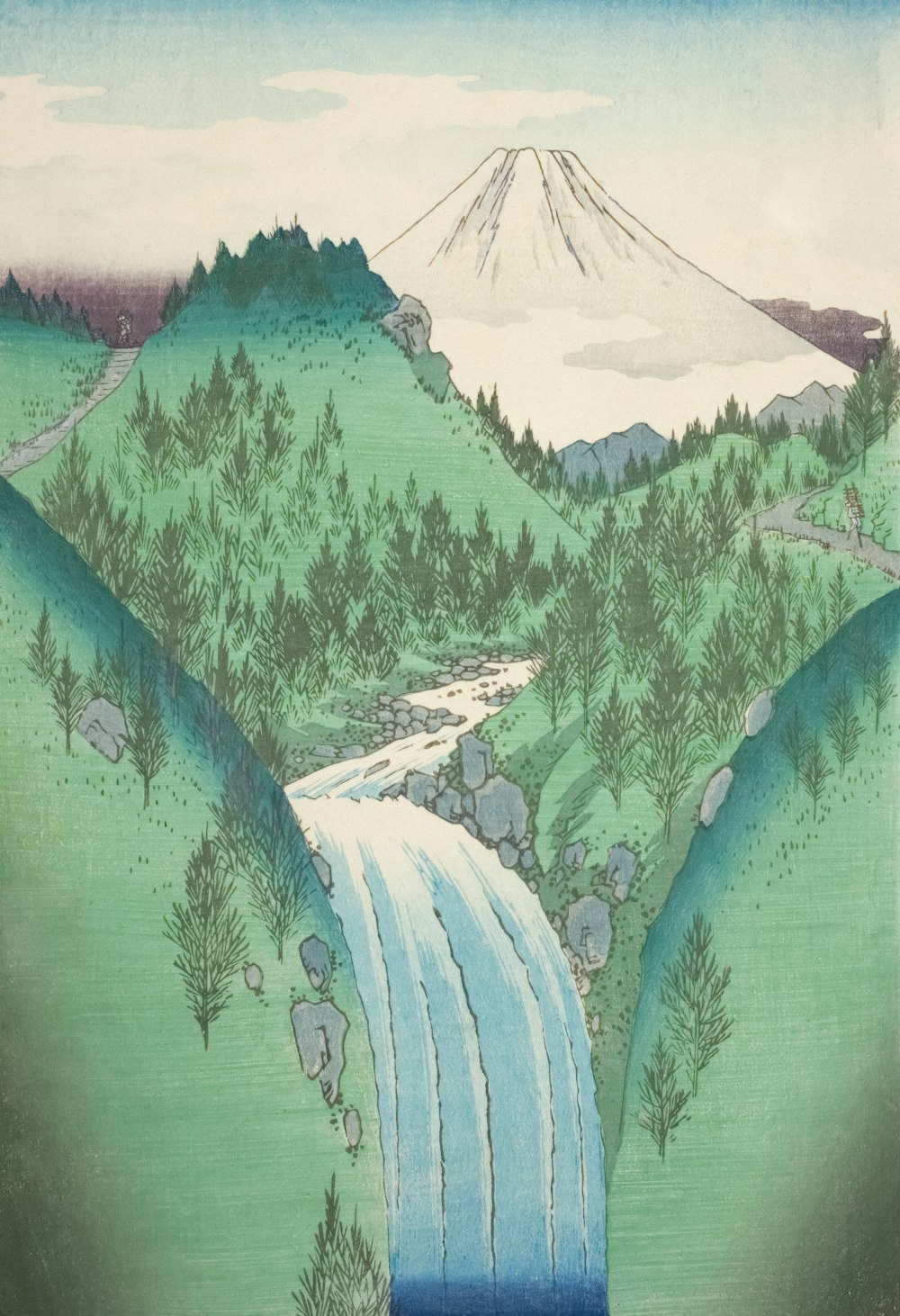 a painting of a waterfall with a mountain in the background