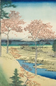A serene landscape features cherry blossom trees in full bloom with delicate pink petals. Below them is a winding river flowing through fields and meadows. In the background, a mountain rises subtly, partially obscured by mist, while a blue sky transitions gently from light to deep tones.