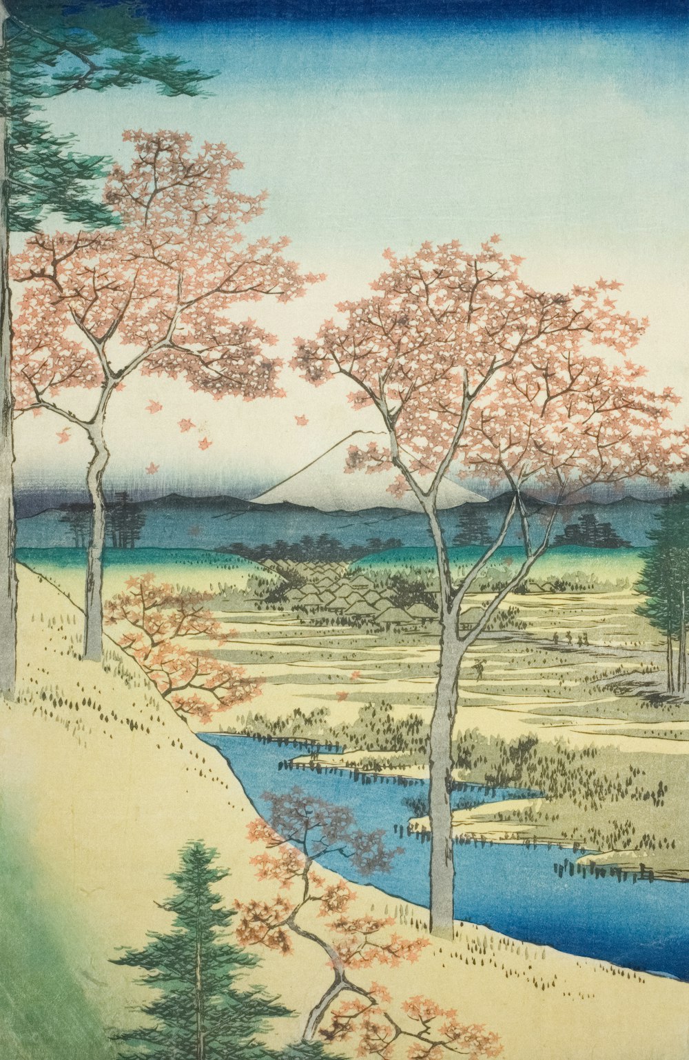 un dipinto di un paesaggio con alberi e acqua