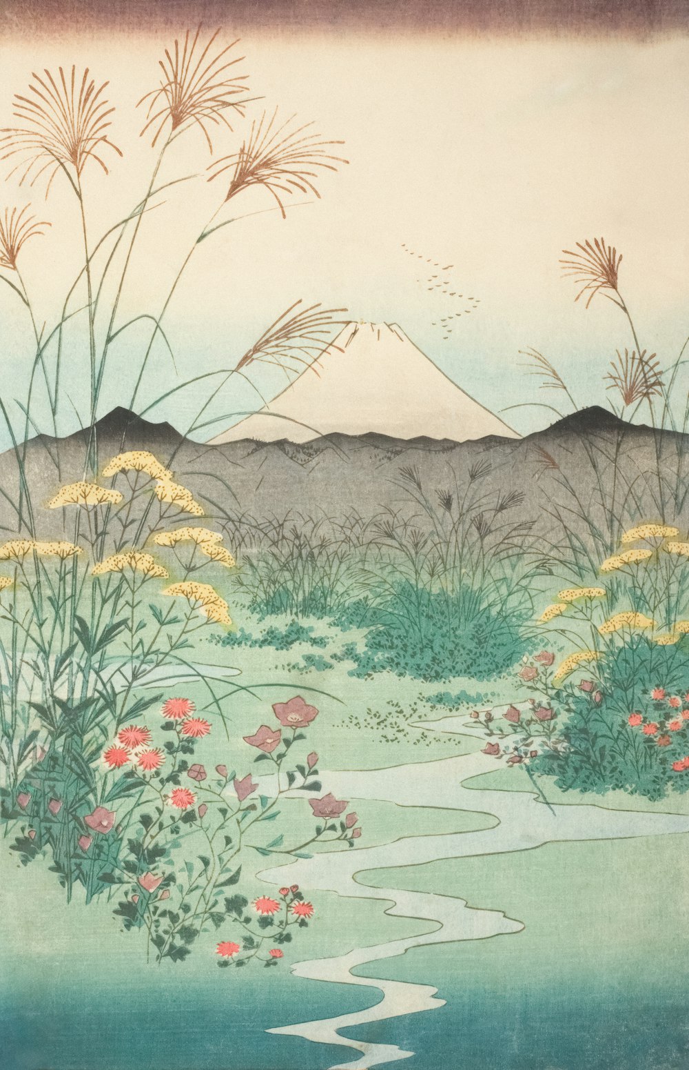 a painting of flowers and a mountain in the background