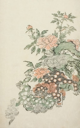 An artistic illustration features delicate floral designs intertwined with swirling cloud patterns. The flowers, resembling peonies, are rendered in soft pinks and greens, with intricate leaves dispersed throughout the composition. The cloud forms are detailed with swirling lines and subtle color gradients, lending a dreamy and serene quality to the scene.