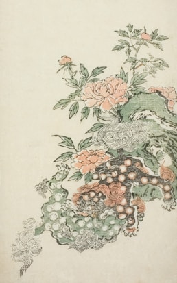 An artistic illustration features delicate floral designs intertwined with swirling cloud patterns. The flowers, resembling peonies, are rendered in soft pinks and greens, with intricate leaves dispersed throughout the composition. The cloud forms are detailed with swirling lines and subtle color gradients, lending a dreamy and serene quality to the scene.