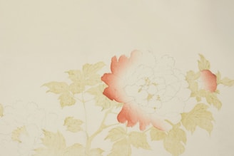 A delicate and partially colored illustration of flowers and leaves. The central flower is partially filled with soft shades of red and pink, while other parts remain as delicate line drawings. The leaves are tinted with light green and yellow, contributing to a soft, natural look. The background is a pale beige, enhancing the simplicity and elegance of the composition.