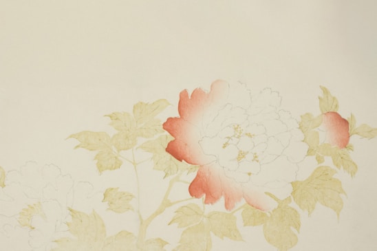 A delicate and partially colored illustration of flowers and leaves. The central flower is partially filled with soft shades of red and pink, while other parts remain as delicate line drawings. The leaves are tinted with light green and yellow, contributing to a soft, natural look. The background is a pale beige, enhancing the simplicity and elegance of the composition.