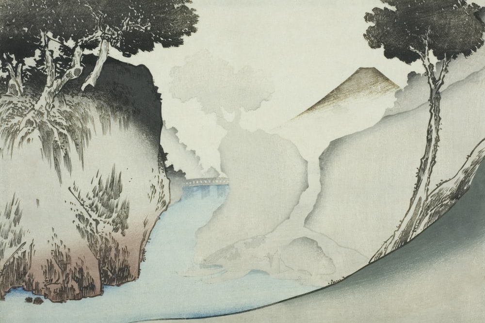 a painting of a river and mountains with trees