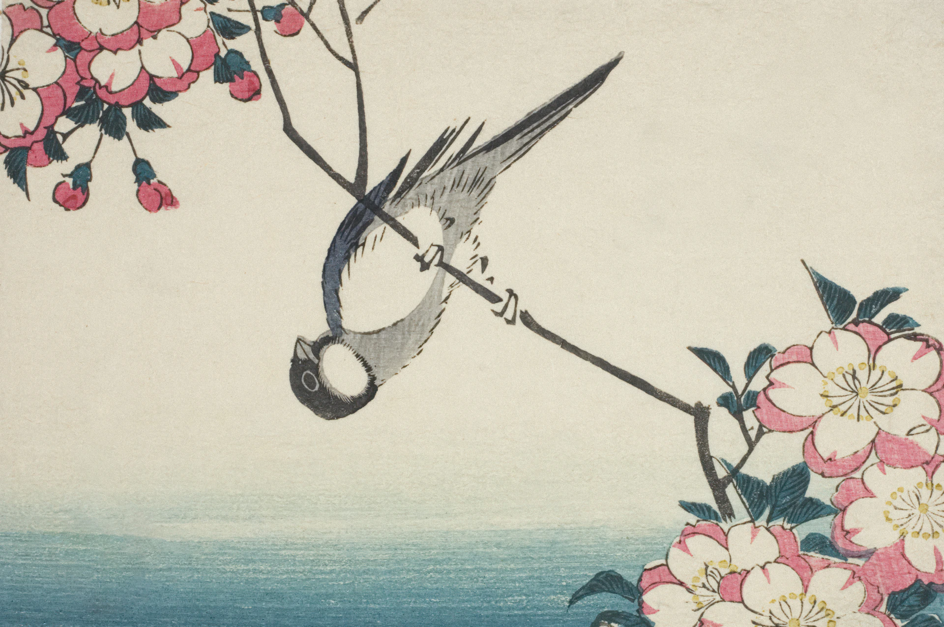 a painting of a bird flying over flowers
