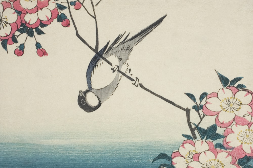 a painting of a bird flying over flowers
