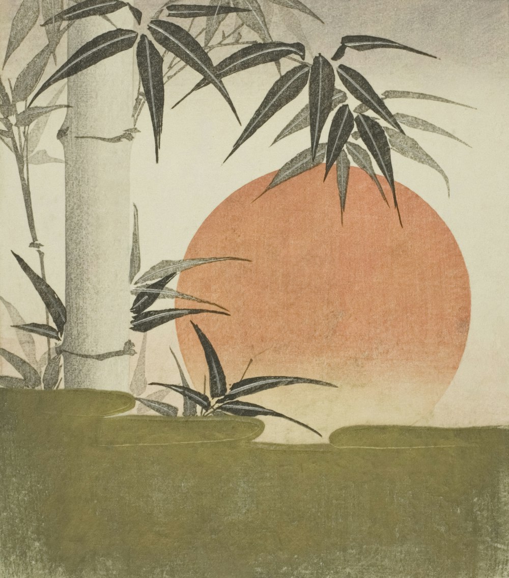 a painting of bamboo trees and a large orange ball
