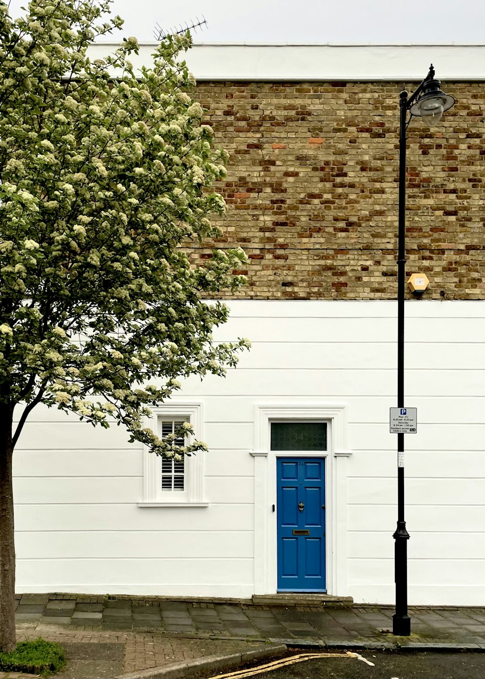 a white building with a blue door next to a tree