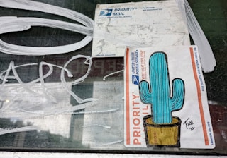 A window displays two USPS Priority Mail labels. One label features a colorful drawing of a cactus in a pot, while the other appears worn and partially covered by white scribbles on the glass.