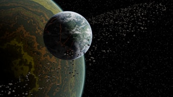 A large planet with a textured surface is positioned near the edge of the frame, with an abundance of smaller celestial bodies orbiting around it against a backdrop of space. The planet displays shades of green, brown, and yellow, creating a complex pattern. The surrounding space is dark, dotted with numerous scattered asteroids or moons.