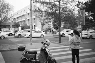 A black and white street scene featuring a woman holding a child standing at a crosswalk. The background includes several parked cars and a multi-story building lined with windows and balconies. There are trees along the sidewalk and a traffic sign pointing to an emergency shelter. A stationary motorcycle is in the foreground.