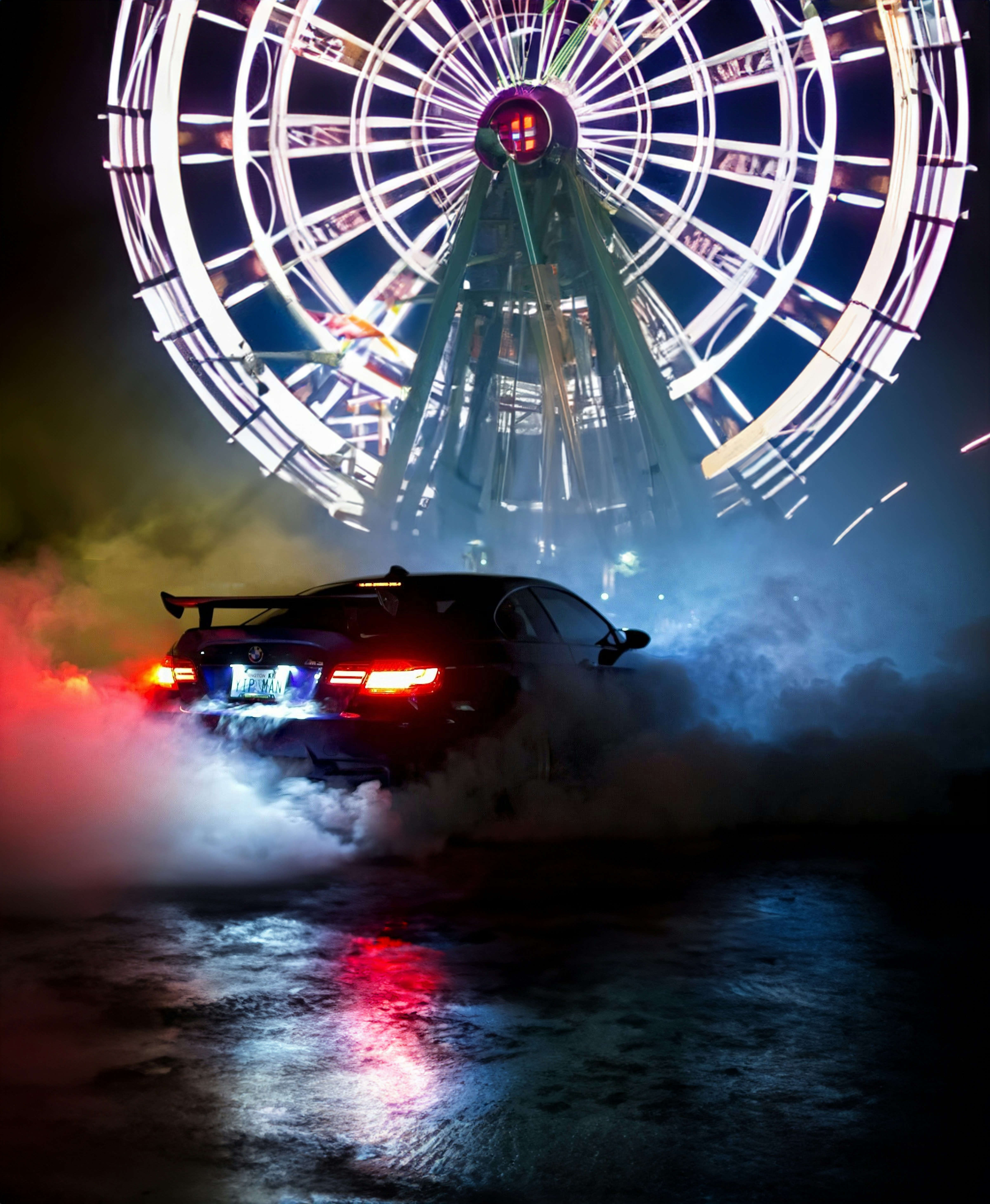 a car driving down a street next to a ferris wheel