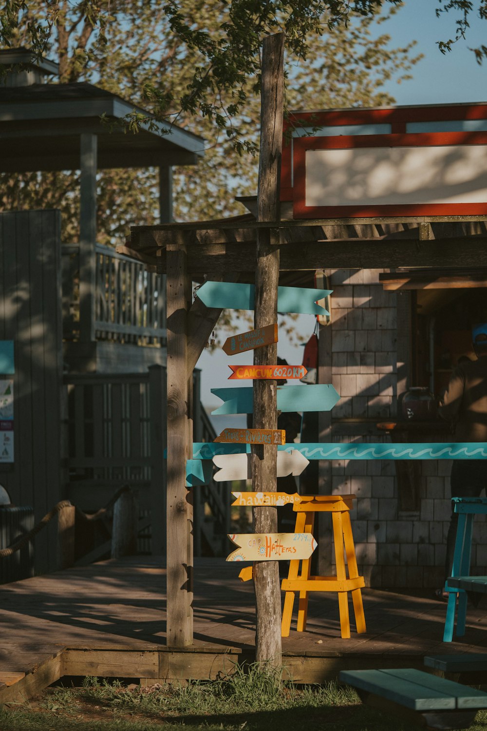 a wooden pole with a bunch of signs on it