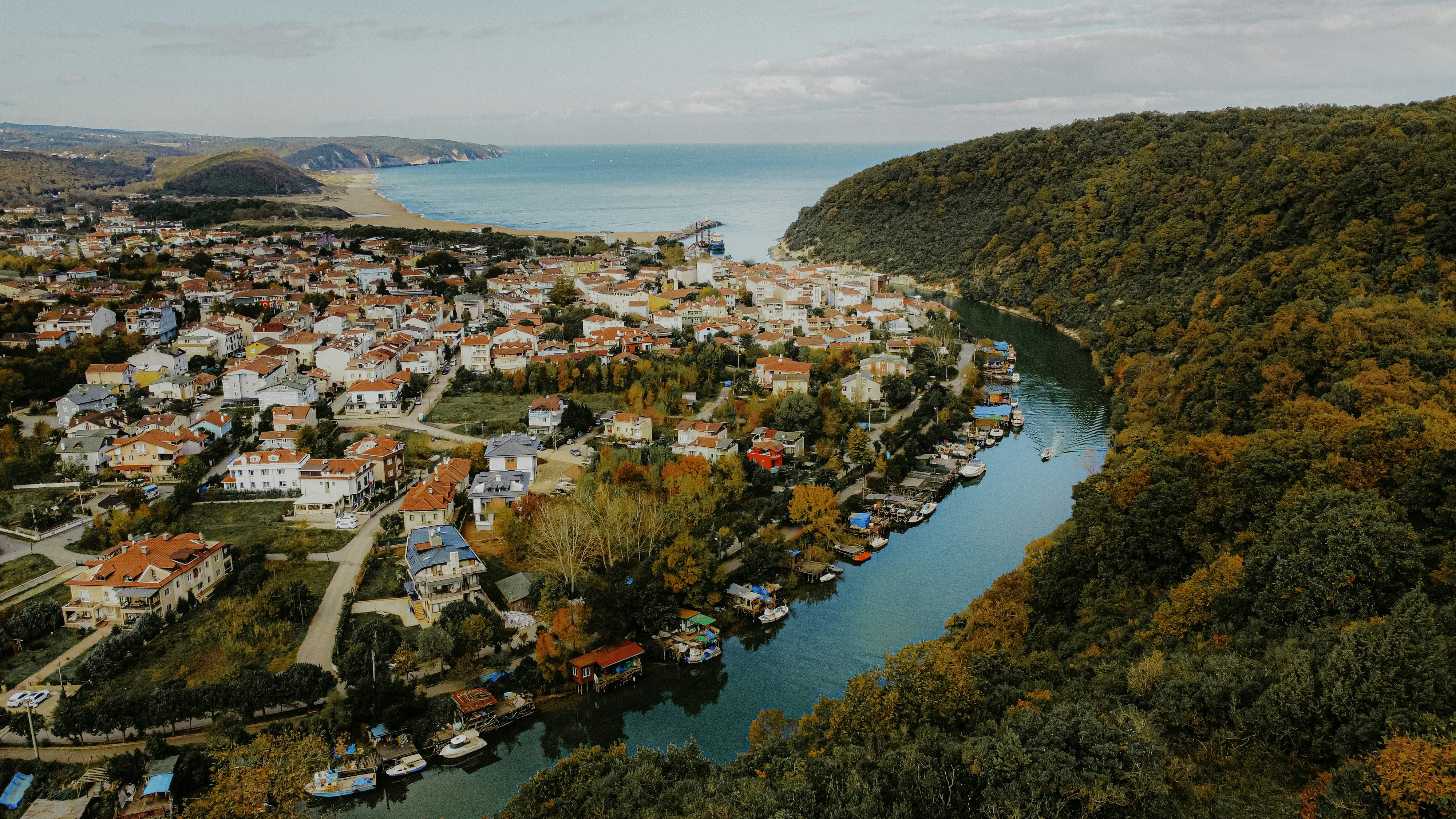 an aerial view of a small town by a river