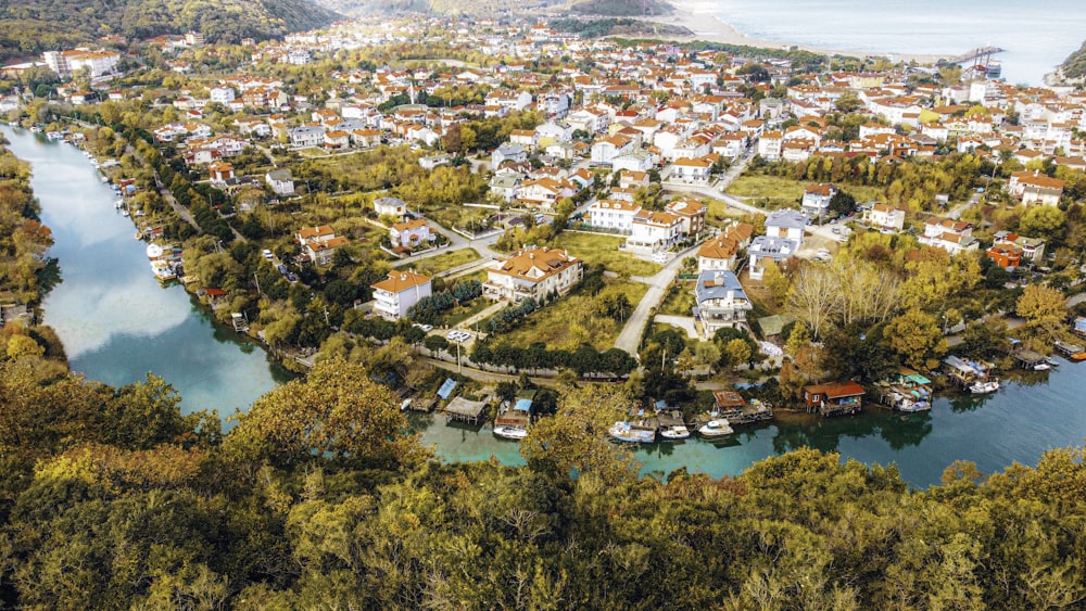 a bird's eye view of a small town by the water