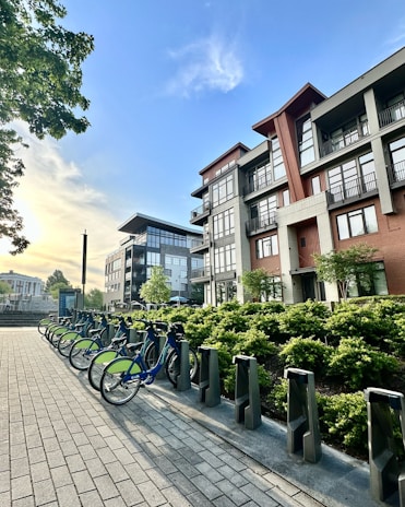 A row of blue and green rental bicycles is parked in a docking station along a paved pathway. On the right, modern multi-story residential buildings with large windows are surrounded by neatly trimmed greenery. The sky is clear with a few clouds, and the sun is setting, casting a warm glow over the scene.