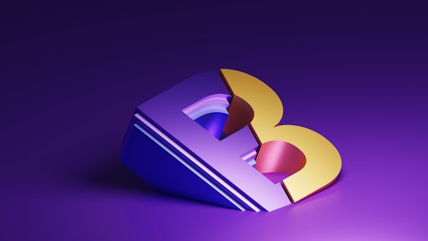 A stylized 3D graphic of a letter 'B' featuring a blend of bold, vibrant colors including purple, yellow, and pink. The letter is set against a monochromatic purple background, giving it a floating, futuristic appearance with shadows and depth.