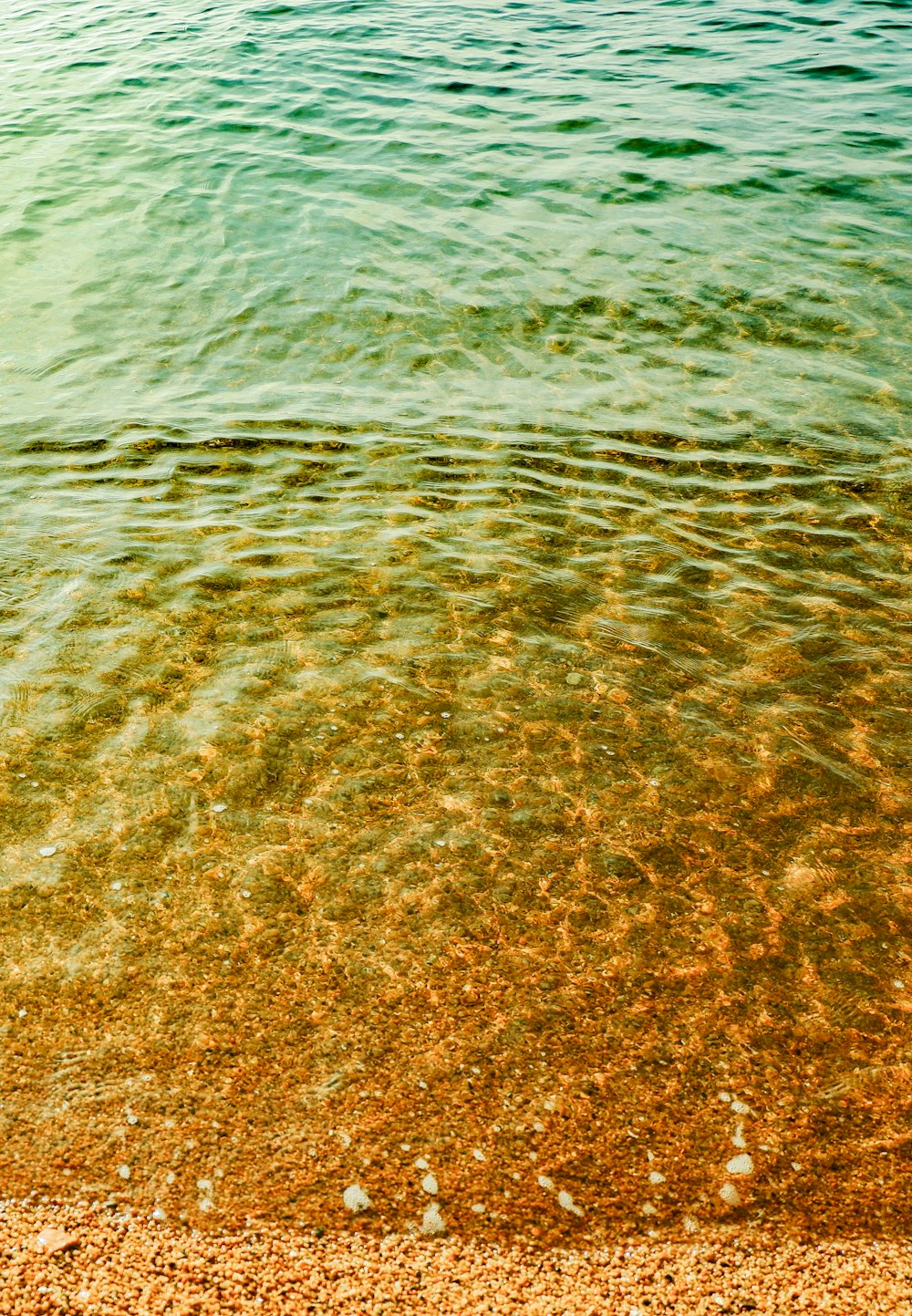 a sandy beach with green water and sand