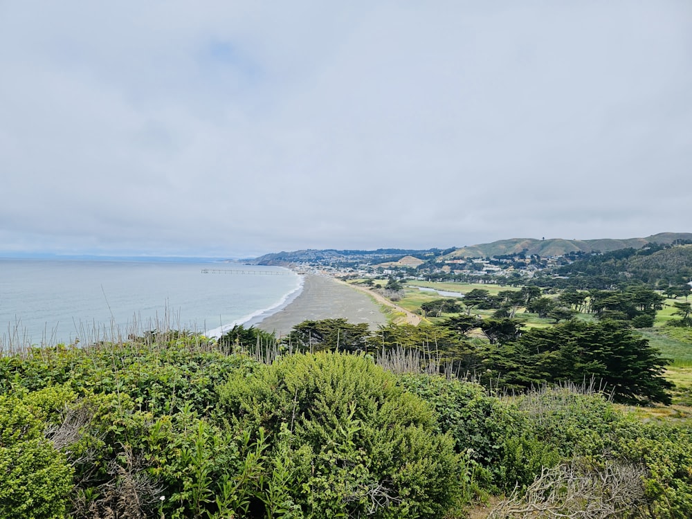 a scenic view of a beach from a hill