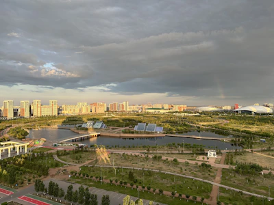 A modern Nigerian cityscape powered by sustainable energy, showcasing vibrant residential and commercial buildings.