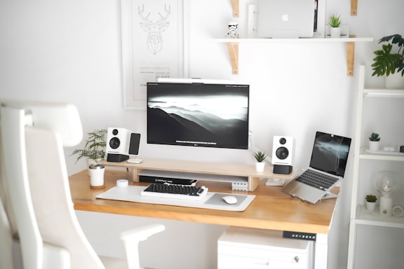 Modern office workspace with computer and plants on a clean desk