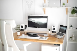 A modern workspace setup with a large monitor displaying a landscape image, a laptop, white speakers, and several small potted plants. The desk is wooden and minimalist, with a white office chair in the foreground. Shelves on the wall hold a few decorative items and more plants, creating a clean and organized environment.