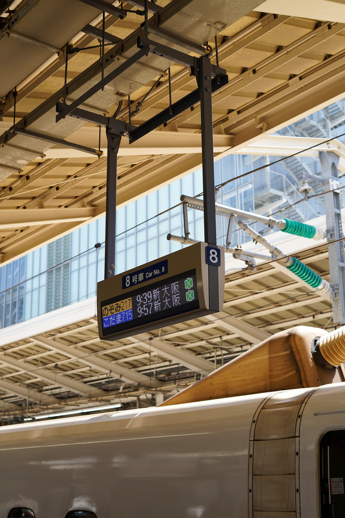 Car number display on a shinkansen platform ceiling (Car 8)