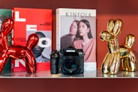 A shelf display featuring a Pentax camera positioned between two metallic balloon dog sculptures, one red and one gold. Behind the camera are two magazines; one has a vibrant red cover with bold letters and an image of a person, while the other has a pale cover with a photograph of two individuals. The scene is set against a warm, reddish background.