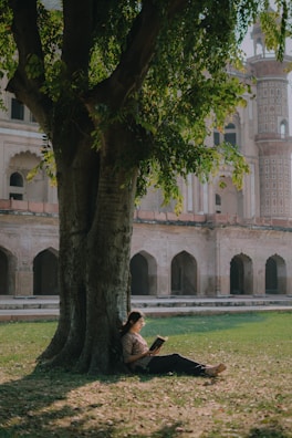 A child reading a book under a tree in a park.